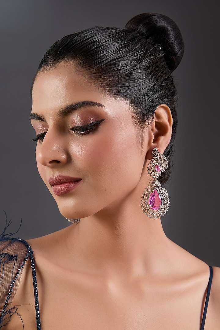 White Finish Zircon & Rose Quartz Dangler Earrings by Moh-Maya by Disha Khatri at Pernia's Pop Up Shop