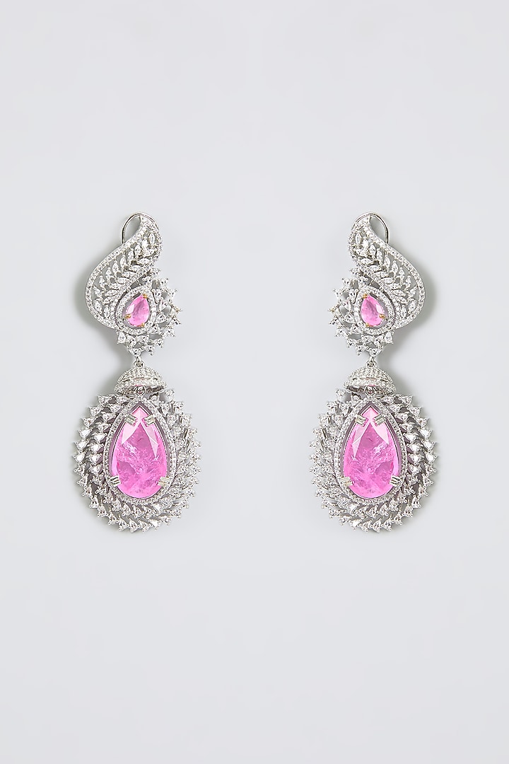 White Finish Zircon & Rose Quartz Dangler Earrings by Moh-Maya by Disha Khatri at Pernia's Pop Up Shop