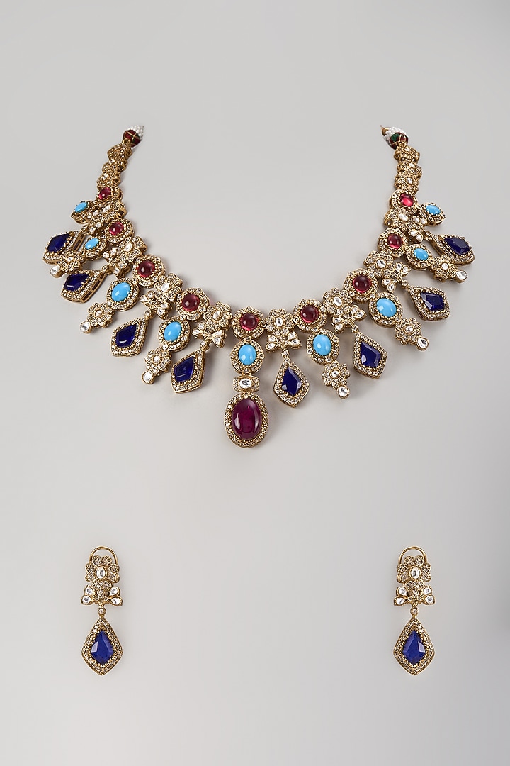 Gold Finish Ruby & Kundan Polki Necklace Set by Moh-Maya by Disha Khatri at Pernia's Pop Up Shop