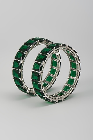 Silver Finish Emerald Bangles (Set Of 2) by Moh-Maya by Disha Khatri