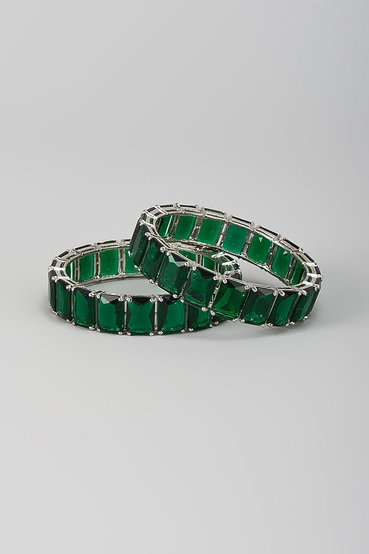 Silver Finish Emerald Bangles (Set Of 2) by Moh-Maya by Disha Khatri at Pernia's Pop Up Shop