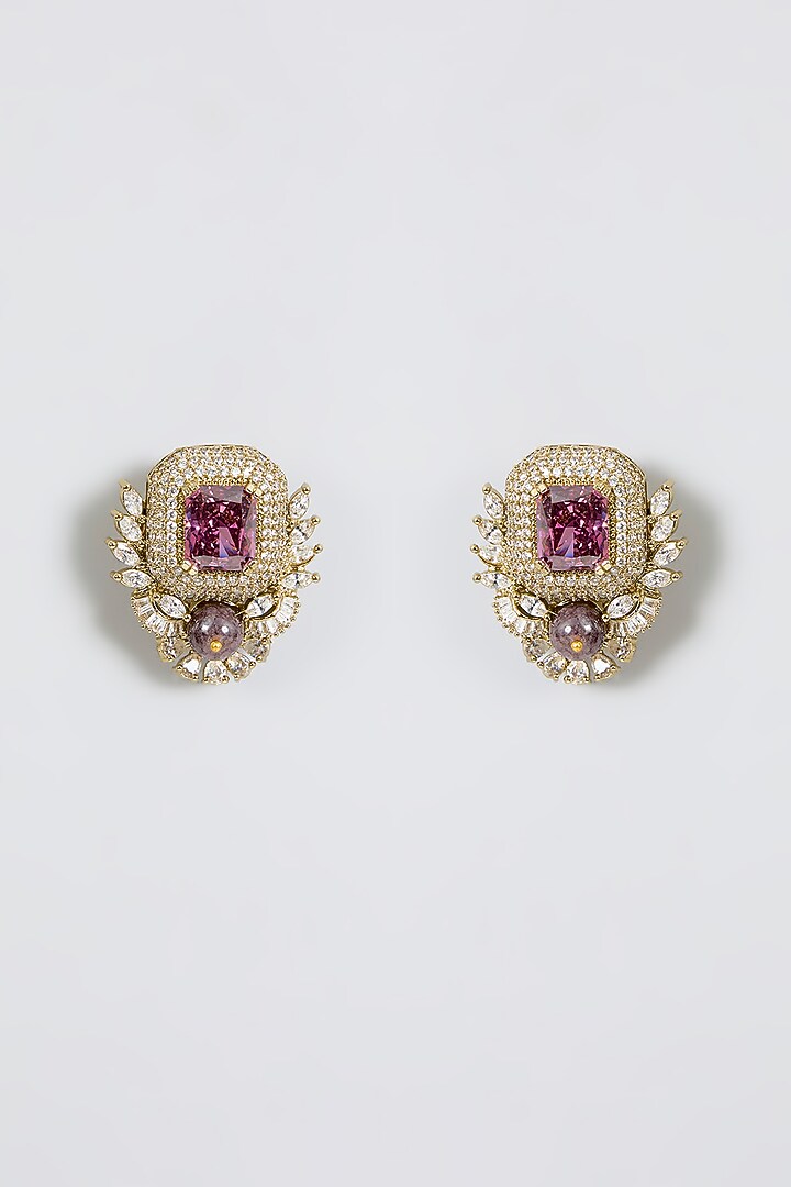 Gold Finish Zircon & Amethyst Stone Stud Earrings by Moh-Maya by Disha Khatri at Pernia's Pop Up Shop