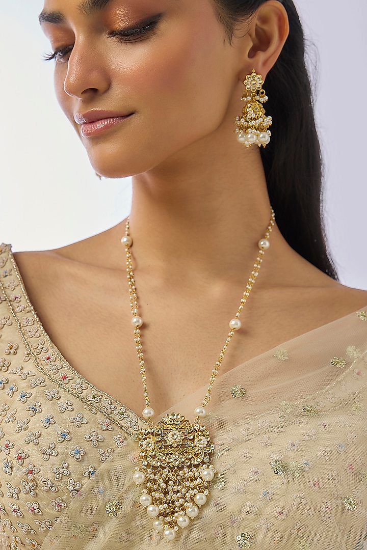 Gold Finish Pearl & Kundan Polki Long Necklace Set by Moh-Maya by Disha Khatri at Pernia's Pop Up Shop
