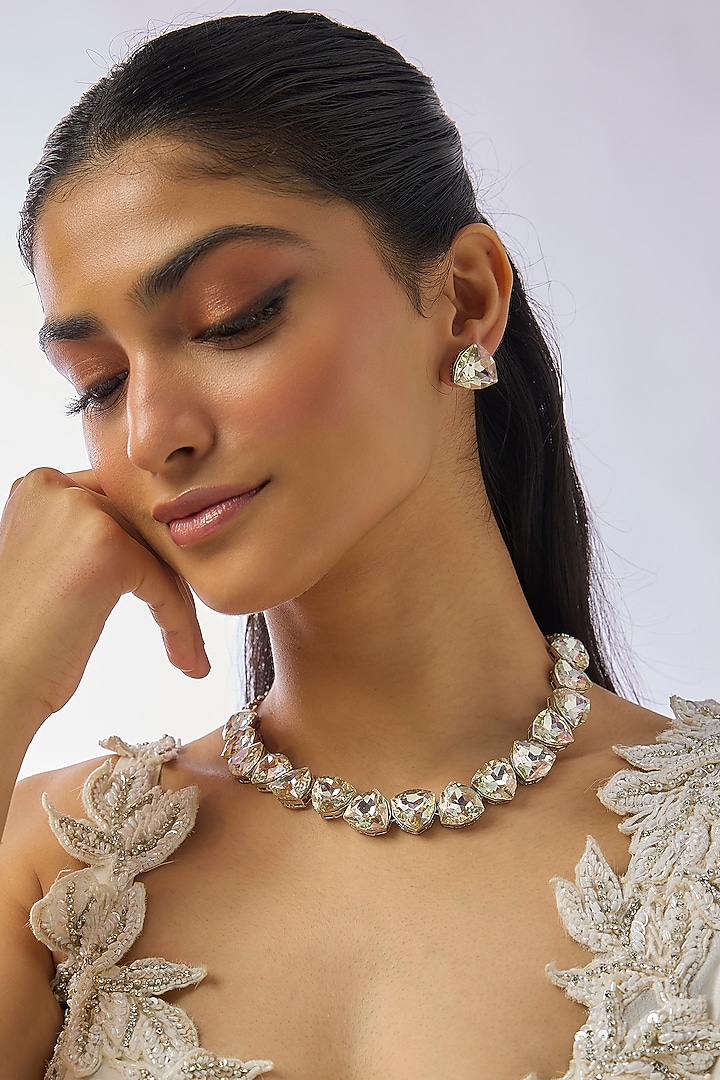 Silver Finish Zircon & Swarovski Necklace Set by Moh-Maya by Disha Khatri at Pernia's Pop Up Shop