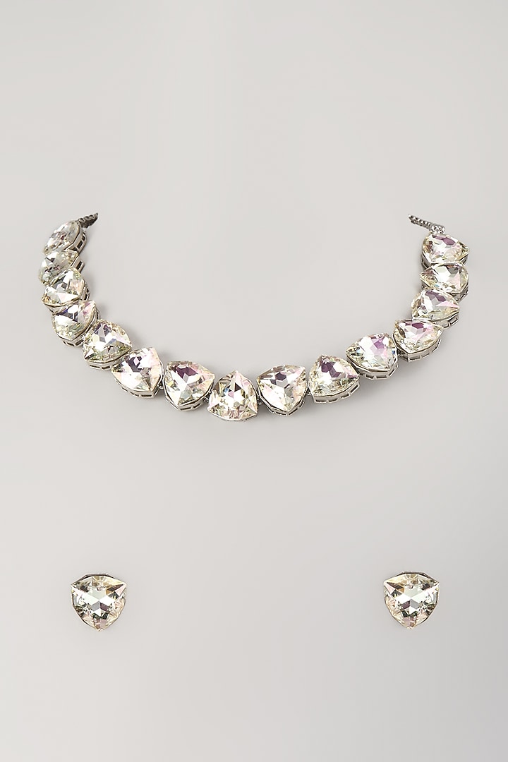 Silver Finish Zircon & Swarovski Necklace Set by Moh-Maya by Disha Khatri at Pernia's Pop Up Shop