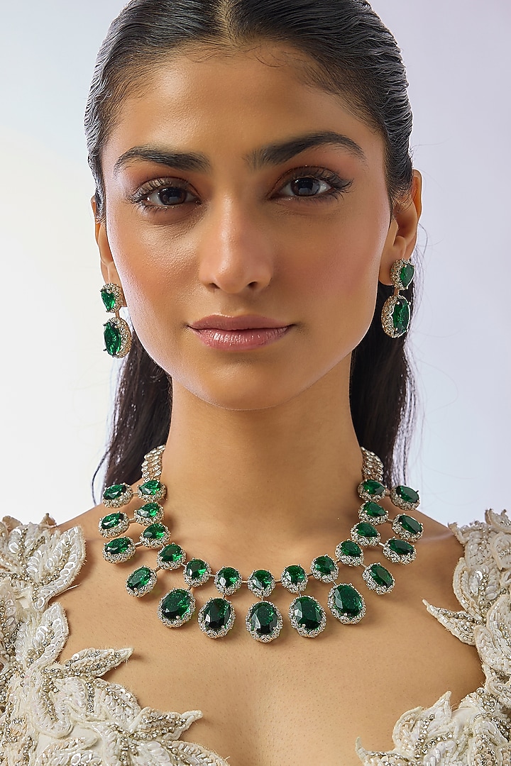Silver Finish Zircon & Emerald Necklace Set by Moh-Maya by Disha Khatri at Pernia's Pop Up Shop