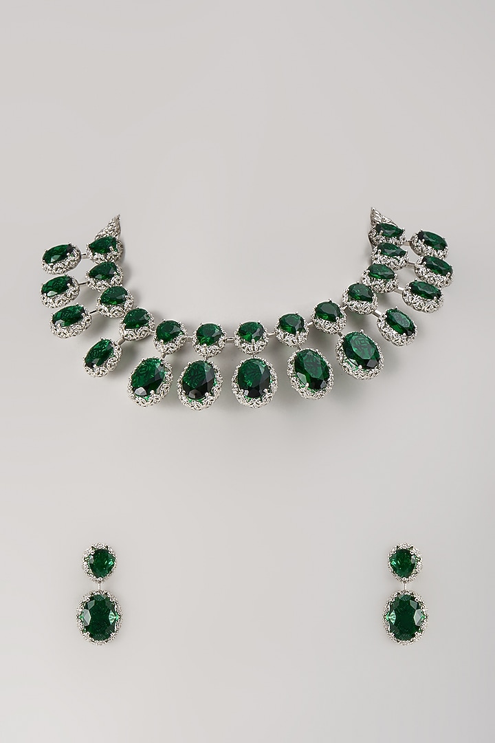 Silver Finish Zircon & Emerald Necklace Set by Moh-Maya by Disha Khatri at Pernia's Pop Up Shop