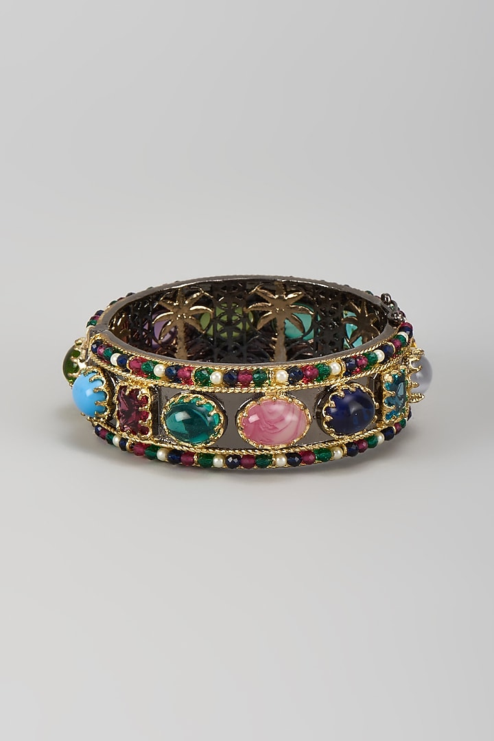 Black Rhodium Finish Kundan Polki & Multi-Colored Stone Openable Bangle by Moh-Maya by Disha Khatri at Pernia's Pop Up Shop