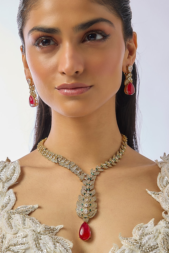 Gold Finish Kundan Polki & Ruby Stone Necklace Set by Moh-Maya by Disha Khatri at Pernia's Pop Up Shop