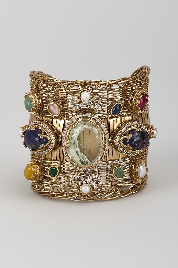 Gold Finish Kundan Polki & Amethyst Adjustable Bracelet by Moh-Maya by Disha Khatri at Pernia's Pop Up Shop