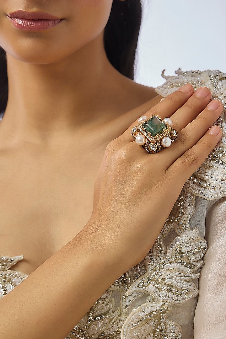 Gold Finish Emerald & Mother Of Pearl Ring by Moh-Maya by Disha Khatri at Pernia's Pop Up Shop
