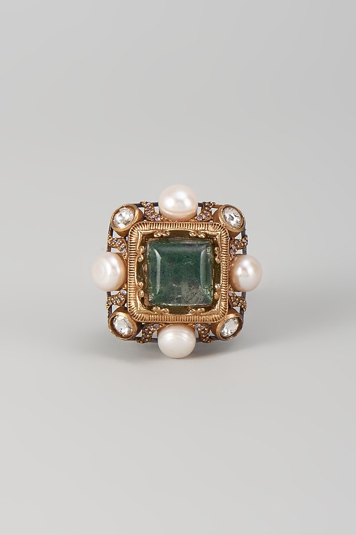 Gold Finish Emerald & Mother Of Pearl Ring by Moh-Maya by Disha Khatri at Pernia's Pop Up Shop