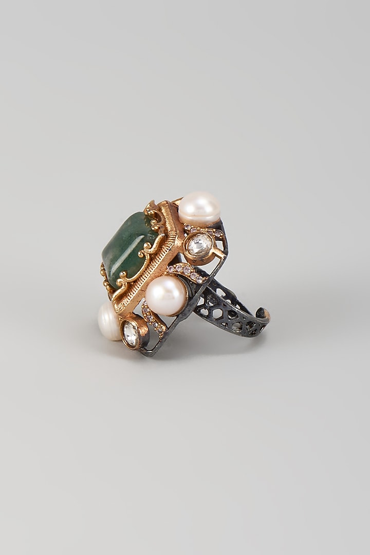 Gold Finish Emerald & Mother Of Pearl Ring by Moh-Maya by Disha Khatri at Pernia's Pop Up Shop