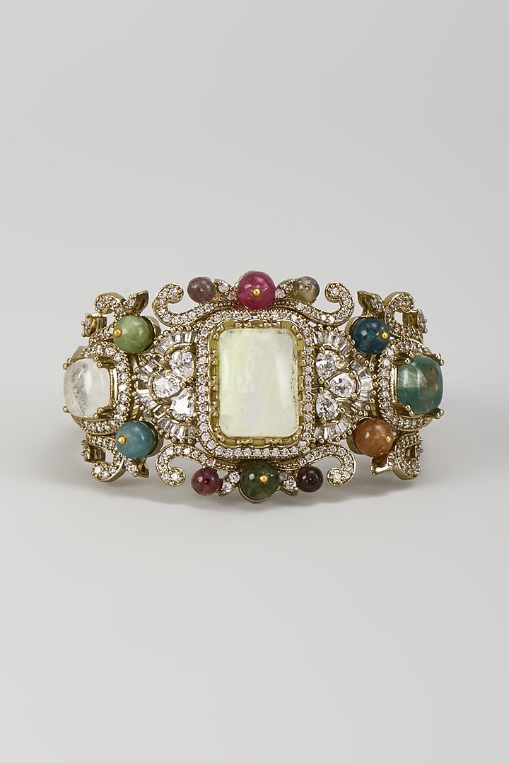 Gold Finish Kundan Polki & Multi-Colored Stone Bracelet by Moh-Maya by Disha Khatri at Pernia's Pop Up Shop