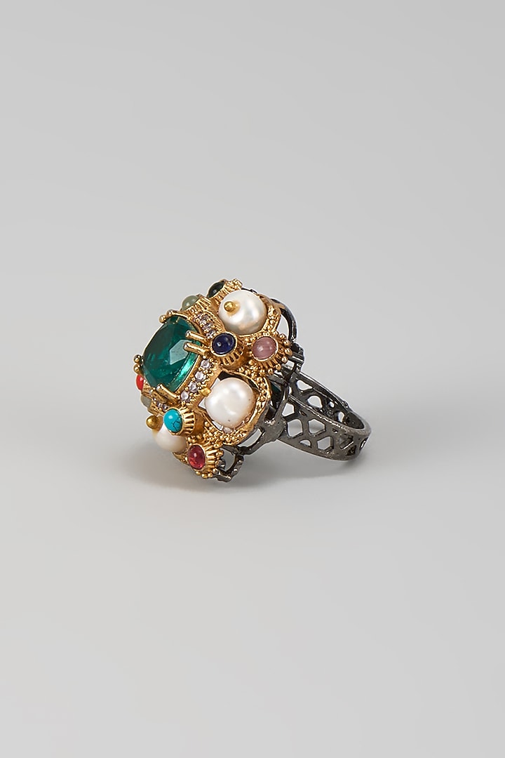 Gold Finish Emerald & Mother Of Pearl Ring by Moh-Maya by Disha Khatri at Pernia's Pop Up Shop