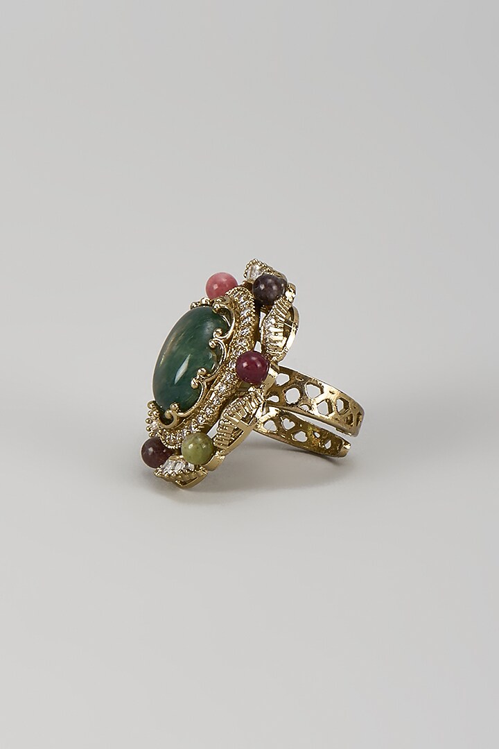 Gold Finish Emerald & Zircon Ring by Moh-Maya by Disha Khatri at Pernia's Pop Up Shop