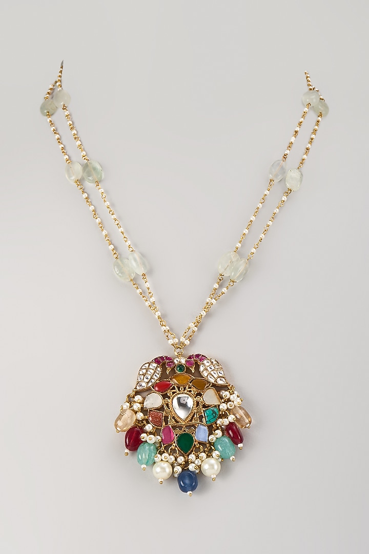 Gold Finish Kundan Polki & Multi-Colored Stone Long Necklace Set by Moh-Maya by Disha Khatri at Pernia's Pop Up Shop