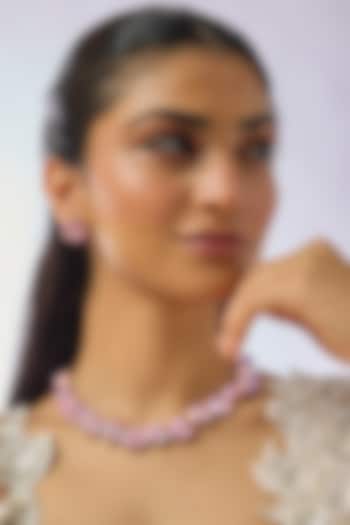 Silver Finish Rose Quartz & Swarovski Necklace Set by Moh-Maya by Disha Khatri at Pernia's Pop Up Shop