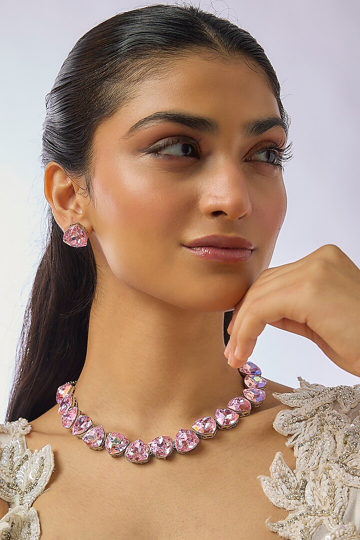 Silver Finish Rose Quartz & Swarovski Necklace Set by Moh-Maya by Disha Khatri at Pernia's Pop Up Shop
