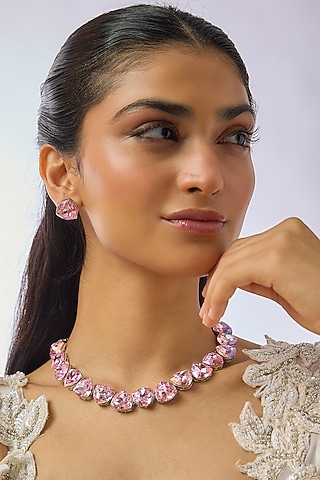 Silver Finish Rose Quartz & Swarovski Necklace Set by Moh-Maya by Disha Khatri