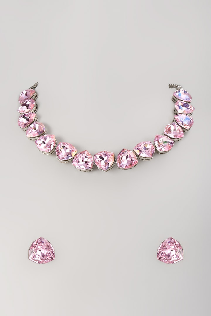 Silver Finish Rose Quartz & Swarovski Necklace Set by Moh-Maya by Disha Khatri at Pernia's Pop Up Shop