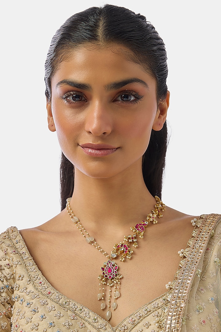 Gold Finish Kundan Polki & Pearl Long Necklace by Moh-Maya by Disha Khatri at Pernia's Pop Up Shop