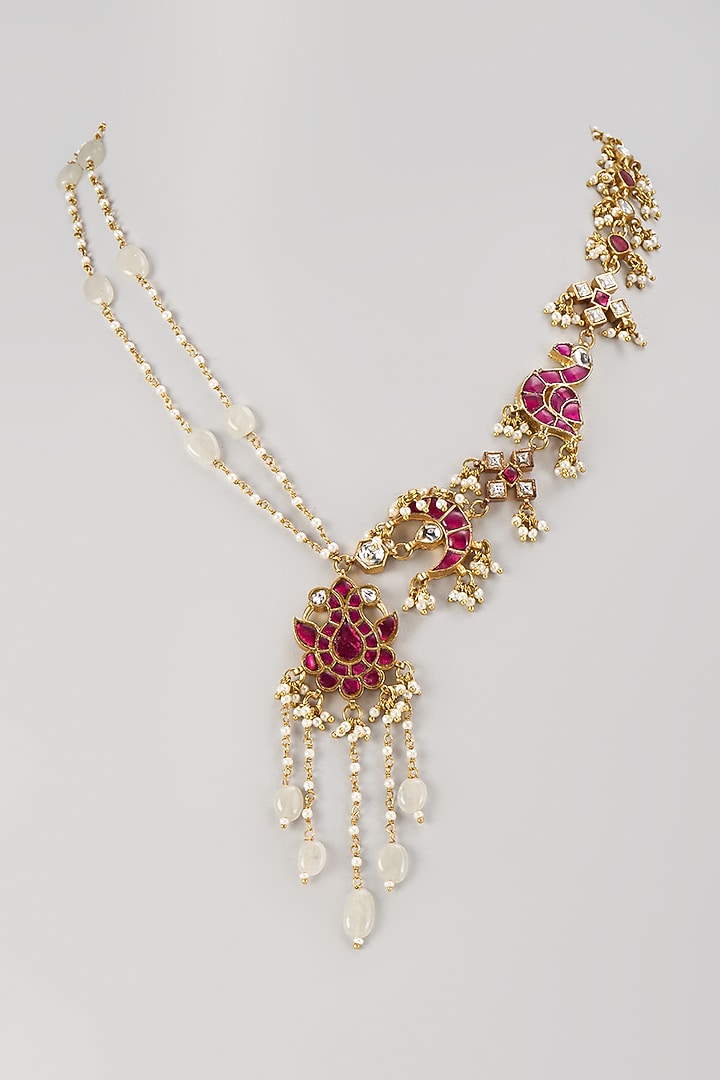 Gold Finish Kundan Polki & Pearl Long Necklace by Moh-Maya by Disha Khatri at Pernia's Pop Up Shop