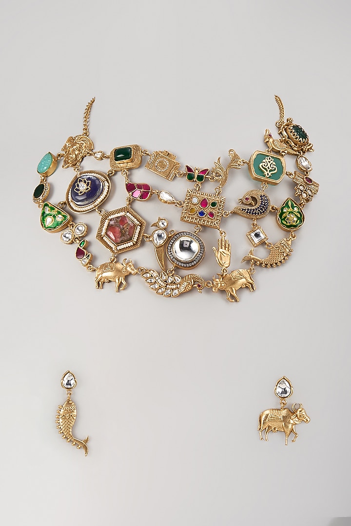 Gold Finish Multi-Colored Enameled Statement Choker Necklace Set by Moh-Maya by Disha Khatri at Pernia's Pop Up Shop