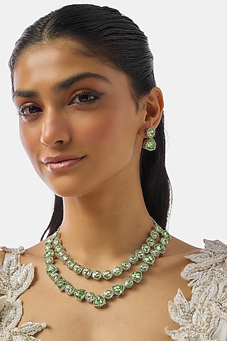 Silver Finish Green Swarovski & Zircon Layered Necklace Set by Moh-Maya by Disha Khatri