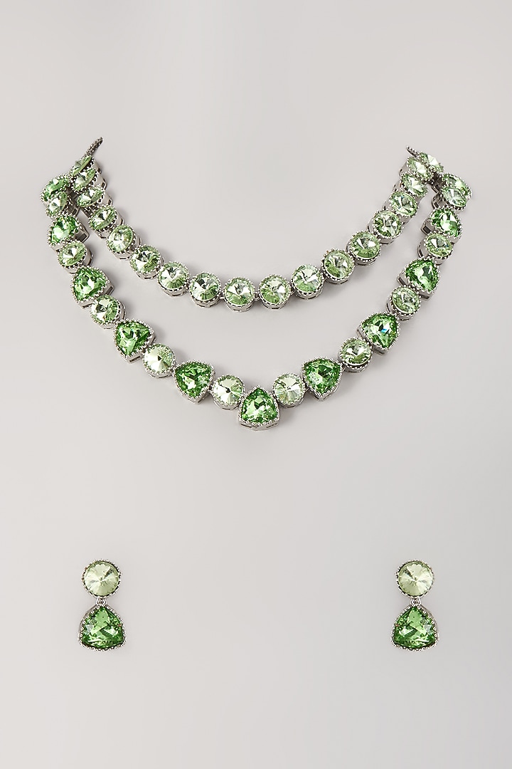 Silver Finish Green Swarovski & Zircon Layered Necklace Set by Moh-Maya by Disha Khatri at Pernia's Pop Up Shop