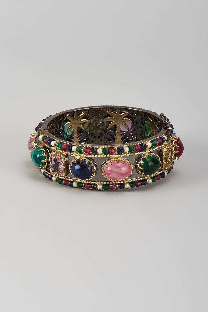 Black Rhodium Finish Kundan Polki & Multi-Colored Stone Bangle by Moh-Maya by Disha Khatri at Pernia's Pop Up Shop