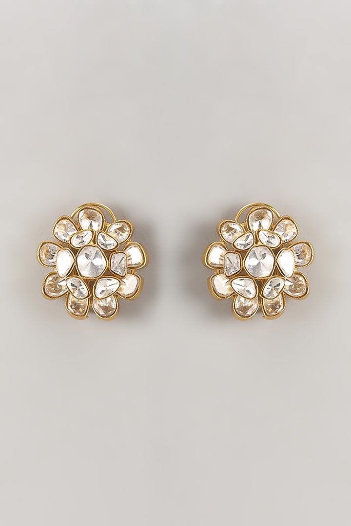 Gold Finish Kundan Polki Stud Earrings by Moh-Maya by Disha Khatri at Pernia's Pop Up Shop