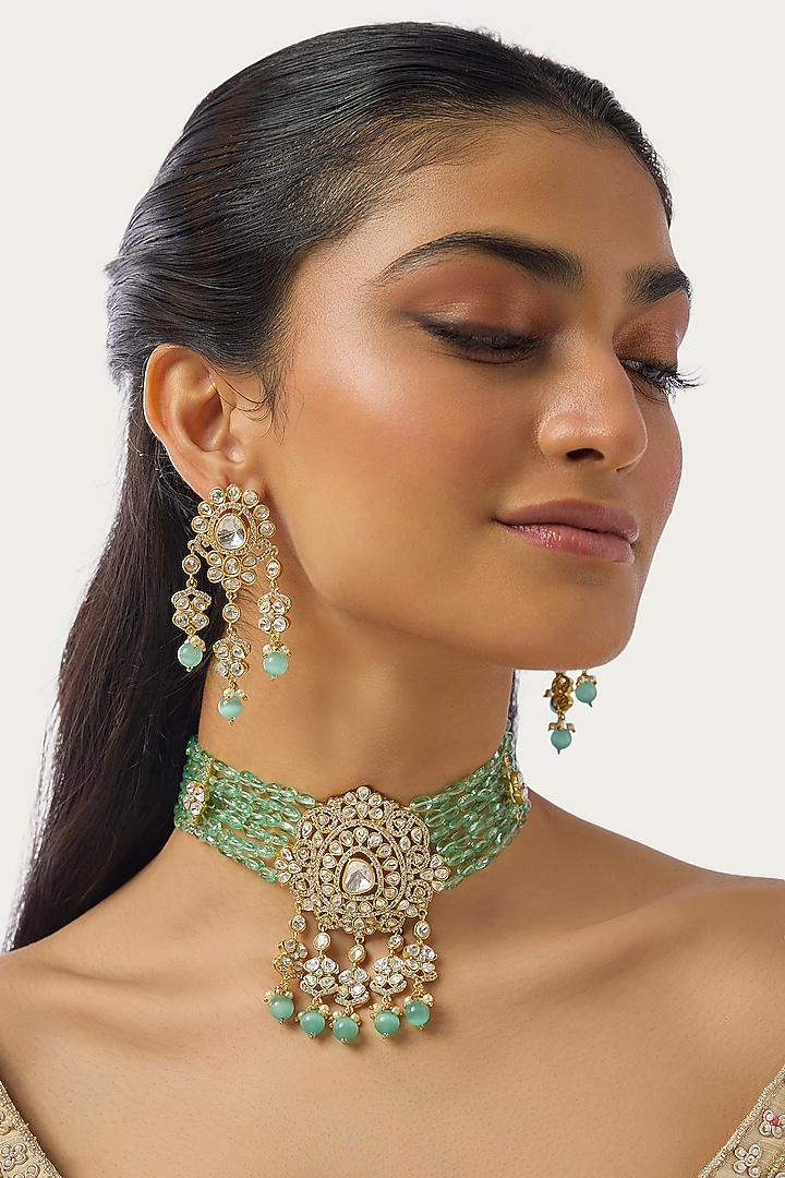 Gold Finish Kundan Polki & Pearl Choker Necklace Set by Moh-Maya by Disha Khatri at Pernia's Pop Up Shop