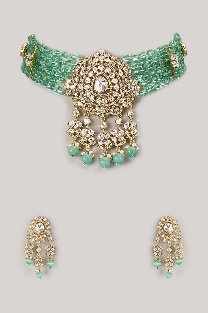 Gold Finish Kundan Polki & Pearl Choker Necklace Set by Moh-Maya by Disha Khatri at Pernia's Pop Up Shop
