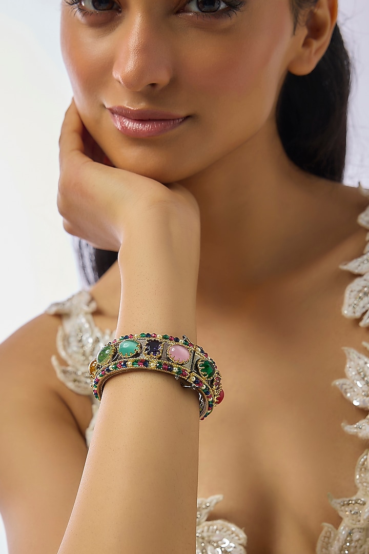 Black Rhodium Finish Kundan Polki & Multi-Colored Stone Bangle by Moh-Maya by Disha Khatri at Pernia's Pop Up Shop