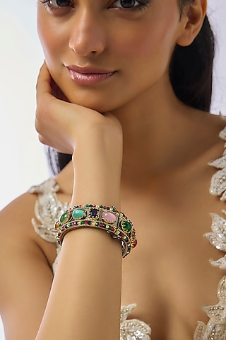 Black Rhodium Finish Kundan Polki & Multi-Colored Stone Bangle by Moh-Maya by Disha Khatri