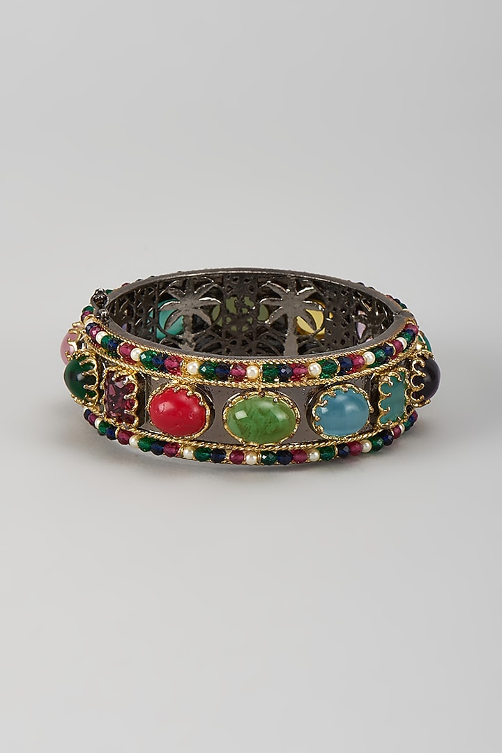 Black Rhodium Finish Kundan Polki & Multi-Colored Stone Bangle by Moh-Maya by Disha Khatri at Pernia's Pop Up Shop