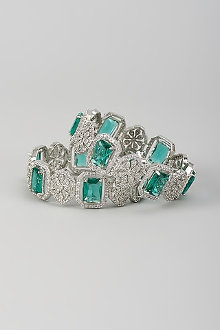 Silver Finish Zircon & Turquoise Blue Stone Bangles (Set Of 2) by Moh-Maya by Disha Khatri