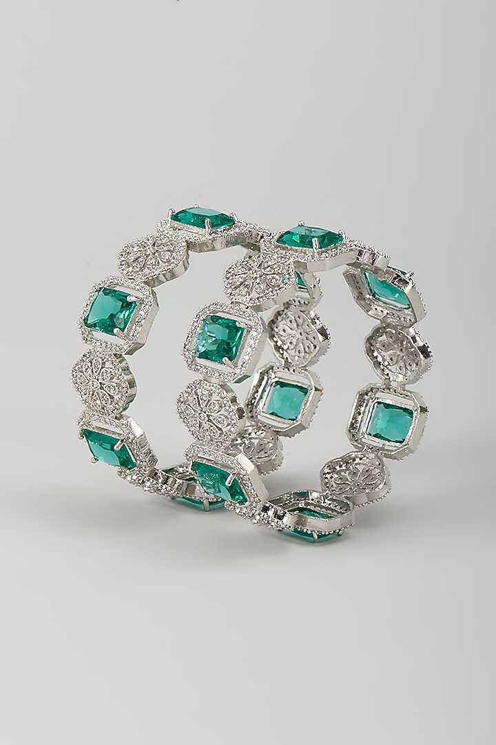 Silver Finish Zircon & Turquoise Blue Stone Bangles (Set Of 2) by Moh-Maya by Disha Khatri at Pernia's Pop Up Shop