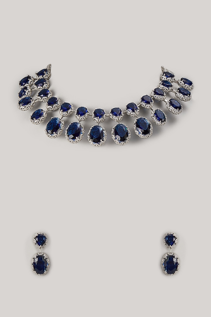 Silver Finish Amethyst & Zircon Choker Necklace Set by Moh-Maya by Disha Khatri at Pernia's Pop Up Shop