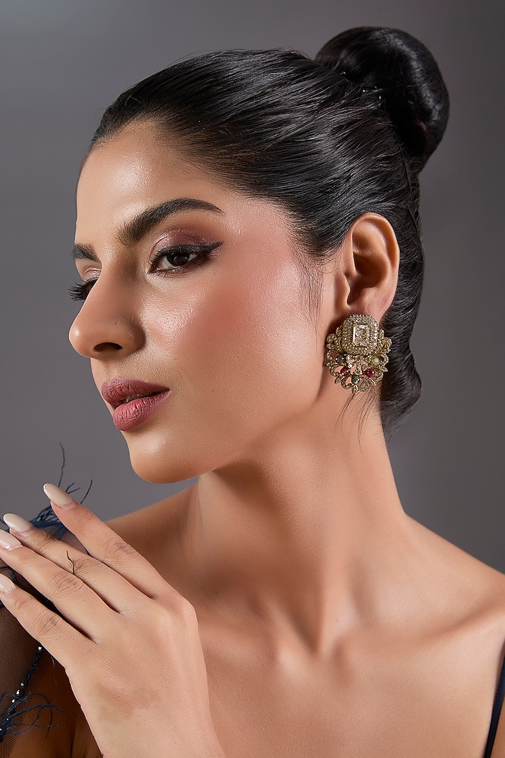 Gold Finish Zircon & Multi-Colored Stone Stud Earrings by Moh-Maya by Disha Khatri at Pernia's Pop Up Shop