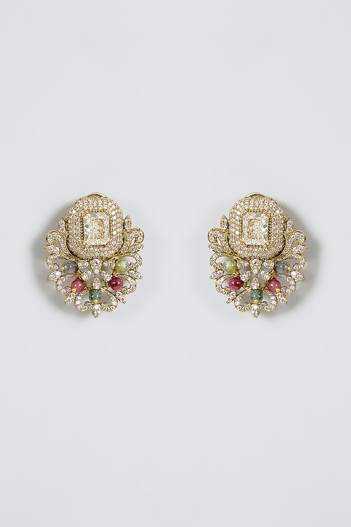 Gold Finish Zircon & Multi-Colored Stone Stud Earrings by Moh-Maya by Disha Khatri at Pernia's Pop Up Shop