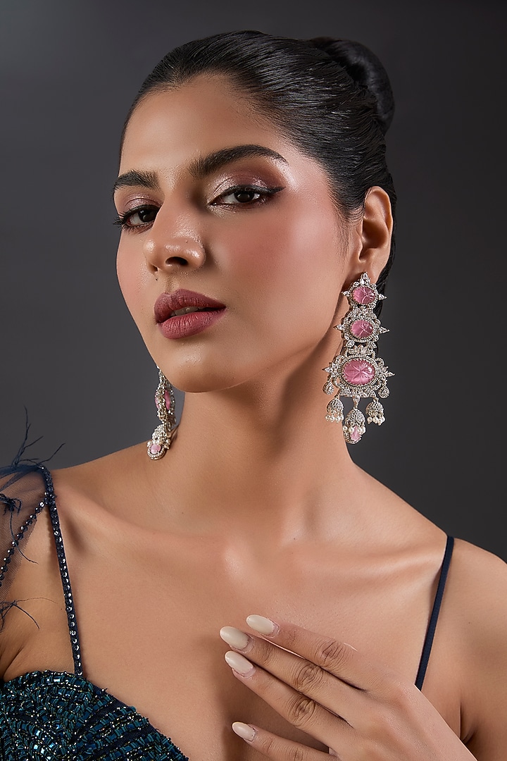 White Finish Zircon & Rose Quartz Dangler Earrings by Moh-Maya by Disha Khatri at Pernia's Pop Up Shop