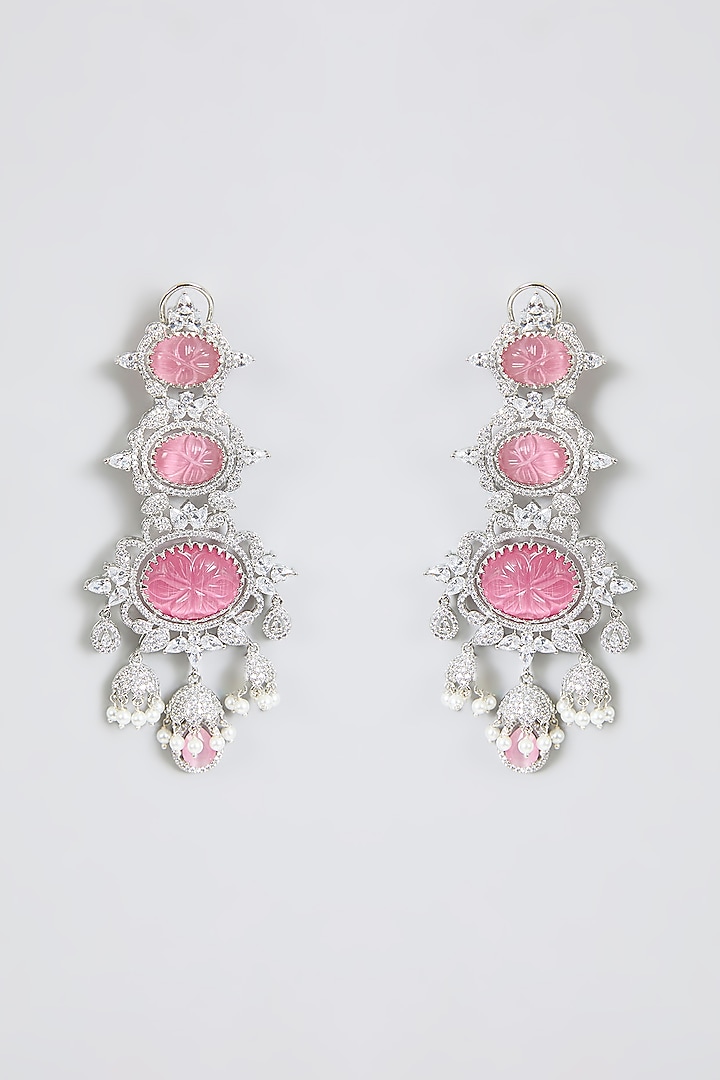 White Finish Zircon & Rose Quartz Dangler Earrings by Moh-Maya by Disha Khatri at Pernia's Pop Up Shop