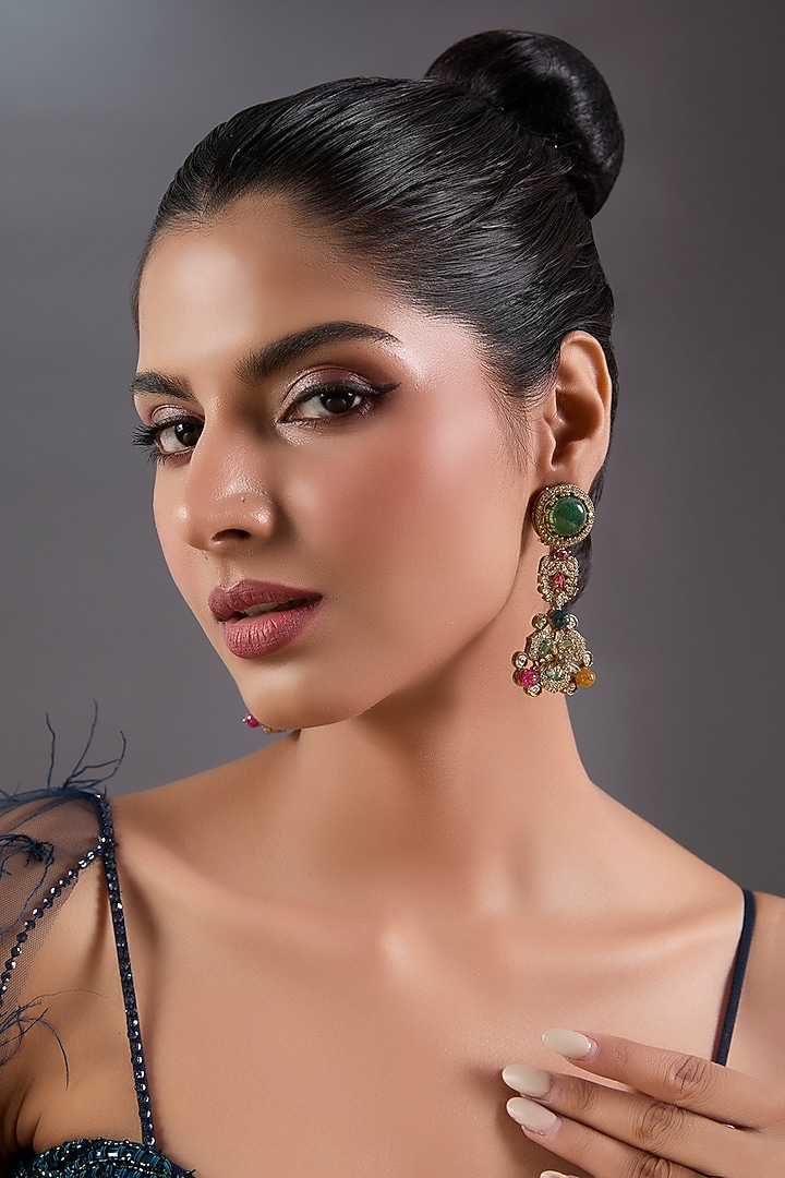 Gold Finish Zircon & Emerald Stone Dangler Earrings by Moh-Maya by Disha Khatri at Pernia's Pop Up Shop