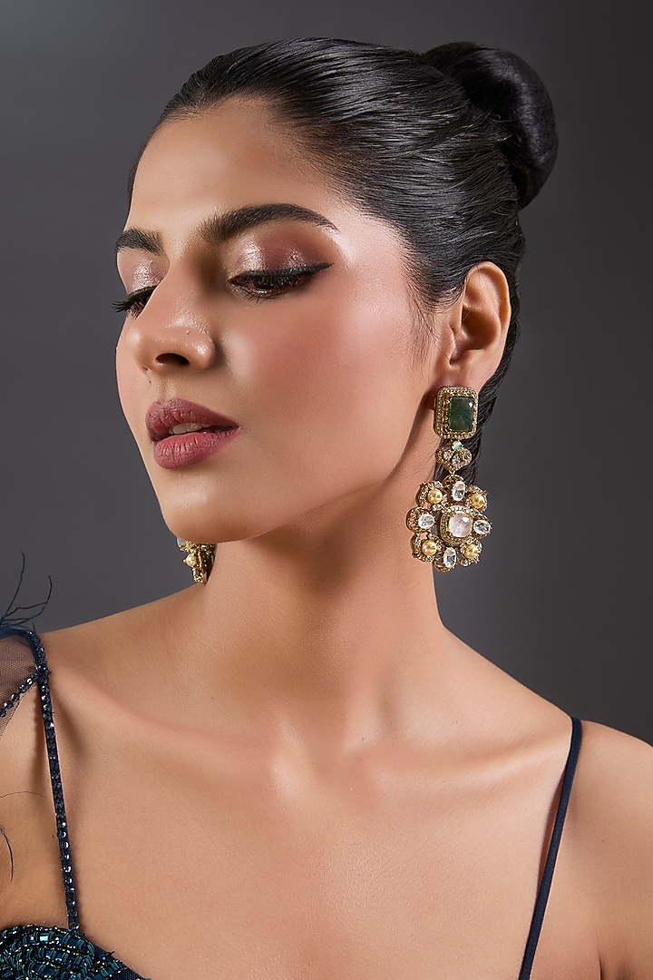 Gold Finish Pearl & Emerald Stone Dangler Earrings by Moh-Maya by Disha Khatri at Pernia's Pop Up Shop