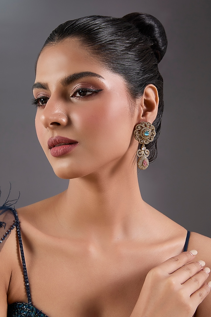 Gold Finish Sapphire & Citrine Stone Dangler Earrings by Moh-Maya by Disha Khatri at Pernia's Pop Up Shop