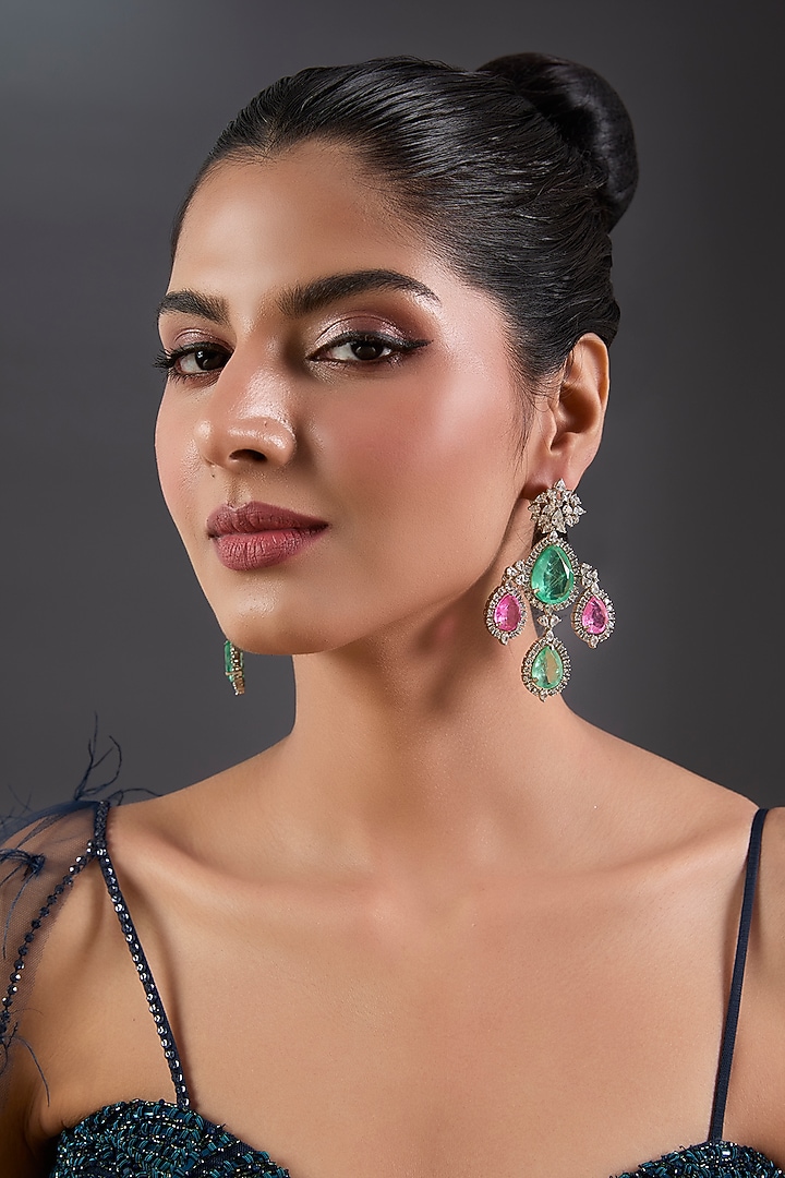 Gold Finish Zircon & Multi-Colored Stone Dangler Earrings by Moh-Maya by Disha Khatri at Pernia's Pop Up Shop