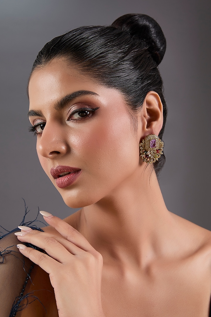 Gold Finish Zircon & Multi-Colored Stone Stud Earrings by Moh-Maya by Disha Khatri at Pernia's Pop Up Shop
