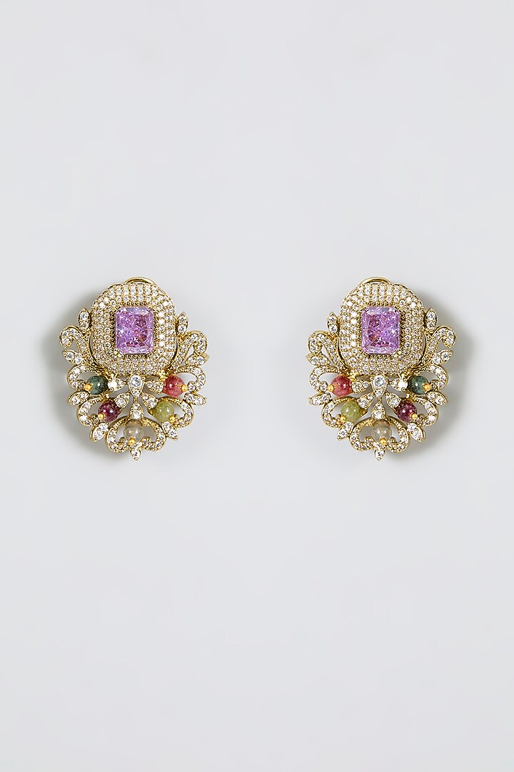 Gold Finish Zircon & Multi-Colored Stone Stud Earrings by Moh-Maya by Disha Khatri at Pernia's Pop Up Shop